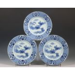 China, a set of three blue and white porcelain 'Joosje te paard' plates, 18th-19th century,