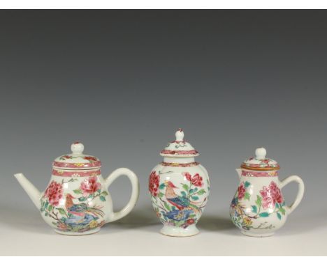 China, a three-part famille rose porcelain 'pheasant' tea-service, Qianlong period (1736-1795), each painted with a pheasant 