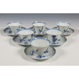 China, a set of five blue and white porcelain cups and saucers and a single cup, Kangxi period (1662