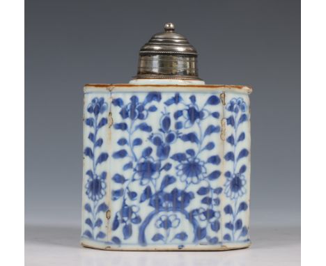 China, a blue and white porcelain tea-caddy, 18th century, with later European silver stopper, the canted sides painted with 