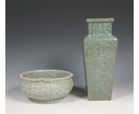 China, rectangular celadon guan-type craquelé vase and bowl, 20th century, each covered with a fine network of light and dark