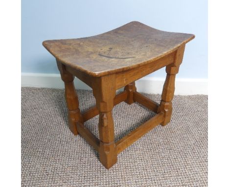 Robert ‘Mouseman’ Thompson: A burr oak Dish Top Stool, with nailed top, on four octagonal legs, joined by stretchers, with ca