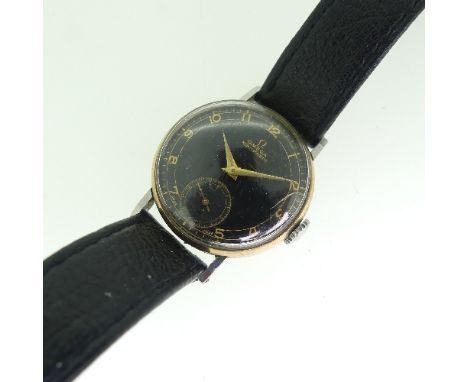 A vintage Omega gentleman's gold-plated Wristwatch, the black dial with gilt Arabic numerals and subsidiary seconds, gilt han