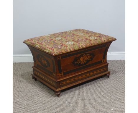 A 19thC inlaid mahogany tapestry topped Ottoman, of sarcophagus shape, with floral inlay, drawer and tapestry top, on modern 