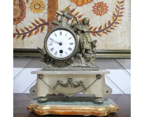 A 19thC French gilt spelter and marble Mantle Clock, the surmount cast with harvesters around an enamel Roman dial, on an ala