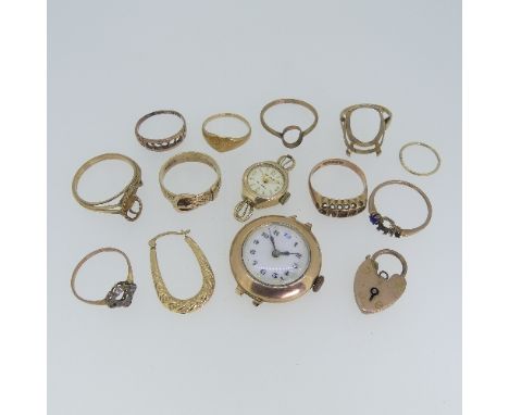 A quantity of damaged 9ct gold Ring Mounts, and other scrap / damaged 9ct gold, 20g, together with two small 9ct gold cased l