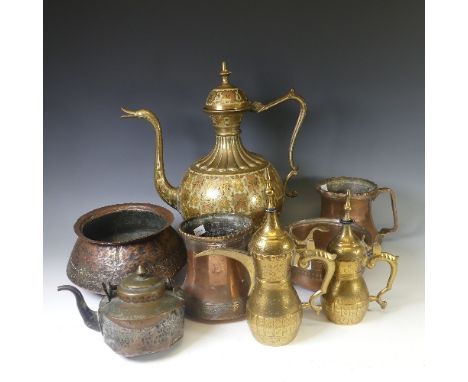 A mid 20thC Indian large finely enamelled brass Ewer, possibly from Rajasthan, the base marked '986 HH india', 45cm high, tog