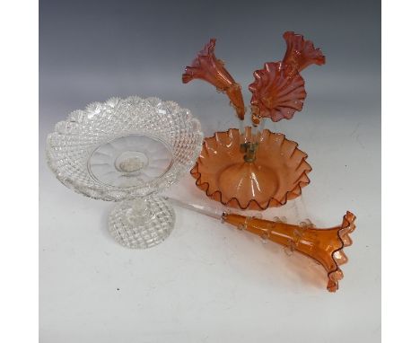 A Victorian pink glass four-trumpet&nbsp;Epergne, the four trumpets with further glass decoration in relief, H 46cm, centre s