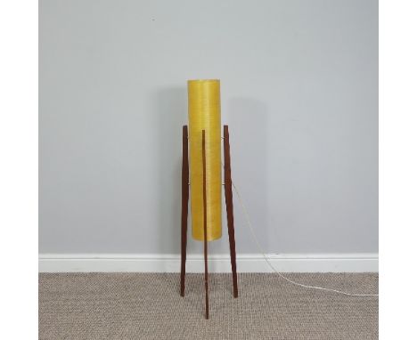 A retro 1970s teak and fibre glass floor standing Rocket Lamp, with spun fibreglass shade on teak tripod base, H 113cm. 