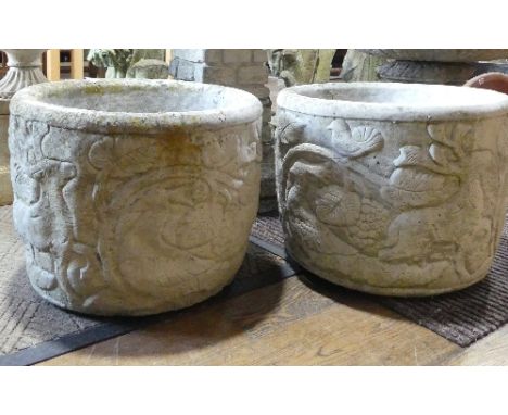 Garden Statuary; a pair of stoneware garden Planters, decorated with flora and fauna, H 30cm, together with a stoneware sundi