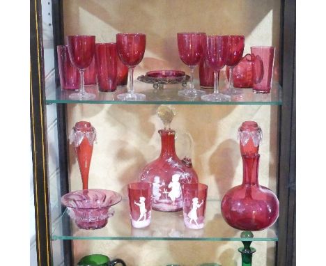 A Mary Gregory cranberry glass Jug and Beaker Set, with figural decoration, H 25cm, together with a quantity of 19thC cranber