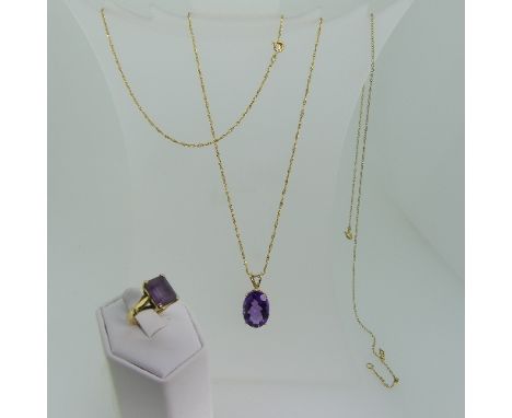 An oval facetted amethyst Pendant, claw set in 9ct gold, 18mm long, on a 21k gold trace chain, 58cm long, the chain 2.7g, tog