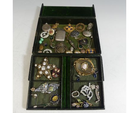 A quantity of Costume Jewellery, including paste brooches, a silver vesta case, a Victorian silver hunter fob watch, as found