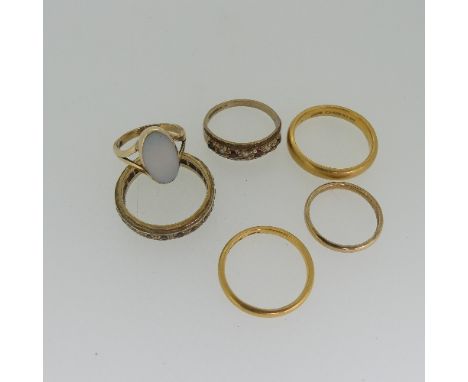 Two 22ct yellow gold Bands, Sizes L and Q, 8.7g, together with a small opal ring,&nbsp;marks worn,&nbsp;Size H and two paste 