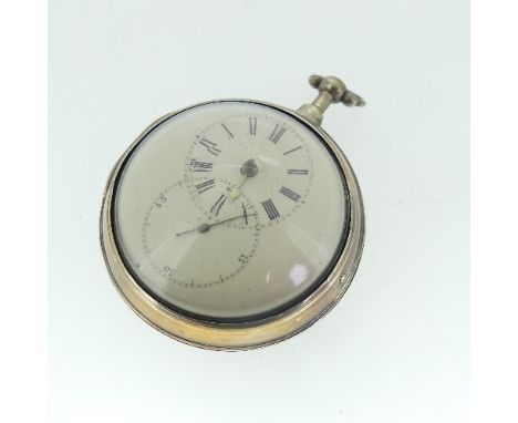 A George III silver pear cased Pocket Watch, the circular enamel dial with overlapping clock and seconds dial, gilt fusee mov