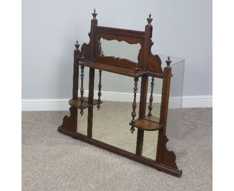 An Edwardian overmantle Mirror, with shaped gallery, carved finials and turned supports, W 107cm x D 14cm x H 98cm, together 