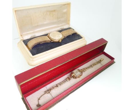 A 9ct gold Rotary Super-Sports wristwatch, on old-time leather strap, in Rotary bakelite presentation case, together with a 9