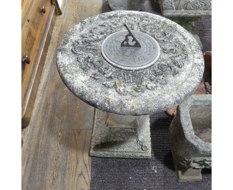 Garden statuary; a reconstituted stone Sundial, on baluster support, diameter 49cm x H 64cm. 