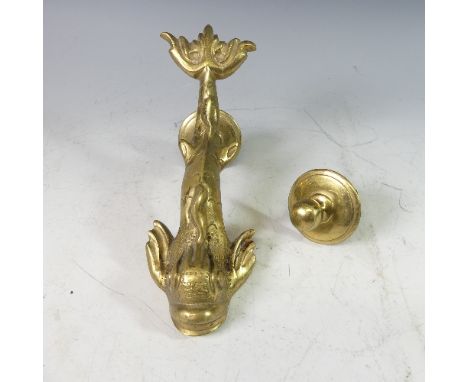 A vintage brass Dolphin Door Knocker and Stud, modelled as a stylised Dolphin, H 26cm. 
