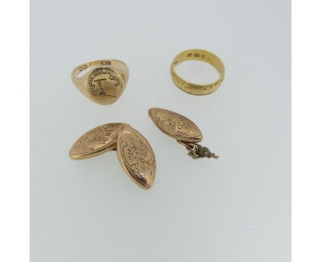 An 18ct yellow gold Band, with foliate engraved decoration, Size M, 3g, together with a small gold signet ring, marks partial