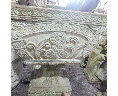 Garden Statuary; a reconstituted stone garden Urn, decorated with Celtic design, on stand, H cm (2) 