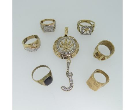 Three 9ct gold gentleman's Rings, one with square front set small diamond points,&nbsp;three deficient, Size V, one with pier