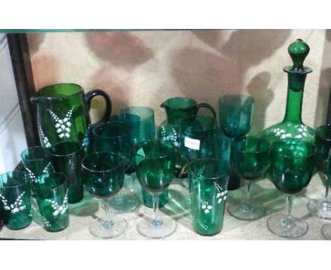 A quantity of 19thC Bristol Green and Blue Glassware, to include a gilt decorated blue glass Jug and Decanter set with five B