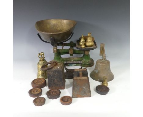 A vintage set of Avery balance Scales, W 44cm x D 40cm x H 32cm, together with a set of weights, brass Hand Bell, and bronze 