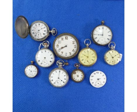 Nine various Pocket Watches, some silver, in various conditions, spares and repairs, together with a vintage 8-day car clock 