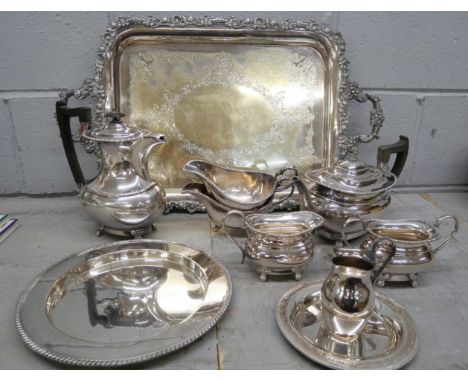A large plated tray, a plated tea service, etc. **PLEASE NOTE THIS LOT IS NOT ELIGIBLE FOR IN-HOUSE POSTING AND PACKING**