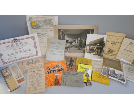 A collection of ephemera including two Nottingham Forest 1966-67 main stand season ticket booklets 
