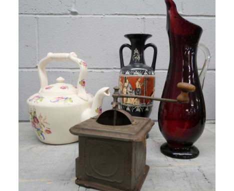 An oversized teapot, a red glass vase, an Italian two handled vase and a coffee grinder marked Goldenberg **PLEASE NOTE THIS 