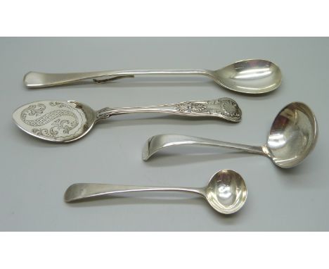 A silver mustard spoon by Peter, Ann &amp; William Bateman, 1804, two silver spoons and a plated ladle, 72g of silver