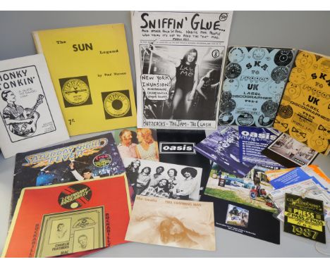 Music ephemera including ticket stubs, press passes, photographs, record company catalogues, etc., including Oasis, Morrissey