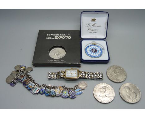 A lady's Maruice Lacroix wristwatch, a Le Murrine Venezian pendant, a Japanese Mint Expo '70 silver medal, three crowns/U.S. 