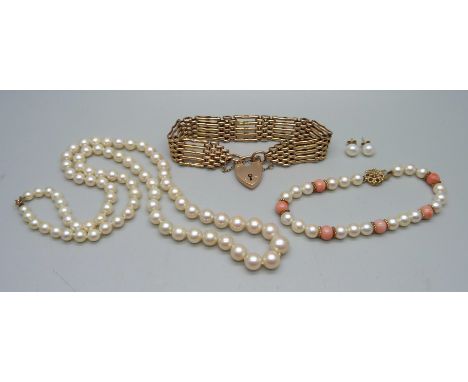 A 9ct gold gate bracelet, 20.2g, a pearl and coral bracelet with 9ct gold clasp, a pearl necklace and a pair of 9ct gold and 