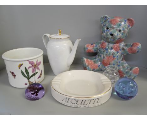 Three boxes of china and glass including a Scheurich West German vase, a ceramic teddy bear, a Hammersley dish, an ashtray, a