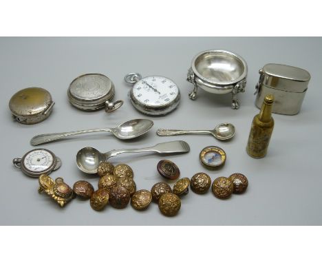 A continental white metal pocket watch case, a/f, a novelty Guinness bottle lighter, military compass, Majex stop-watch, trav