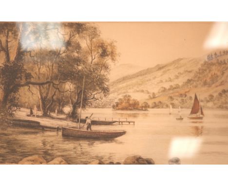 Original ink and watercolour lake scene picture, signed Henry G Walker, 30 x 18 cm 