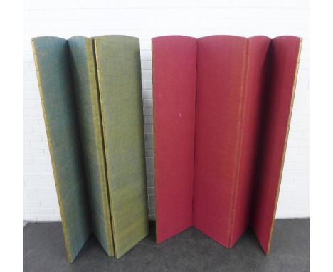 Two vintage fabric covered four fold dressing screens, one red the other green, 168 x 160cm (2)