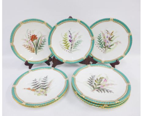 Set of eight Worcester handpainted botanical plates, one with Gardner's, Charing X retailers printed mark, 23.5cm diameter 