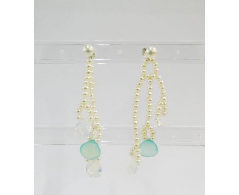 Pair of pearl and water opal drop earrings on 18 carat white gold posts 