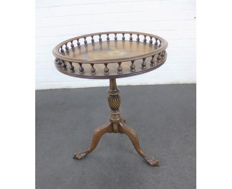 Side table with circular top and spindle gallery on a pedestal tripod base, 65 x 46cm 