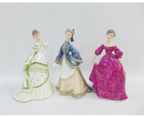 Three Royal Worcester figures to include Belle of the Ball, Winters Morn &amp; Coming of Age, with black printed backstamps, 