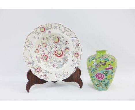 Chinese baluster vase painted with flowers and foliage to a green ground, (a/f) together with a Chamberlains Worcester floral