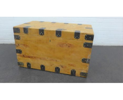 Pine and metal bound storage trunk, with metal handles to side, 50 x 82cm 