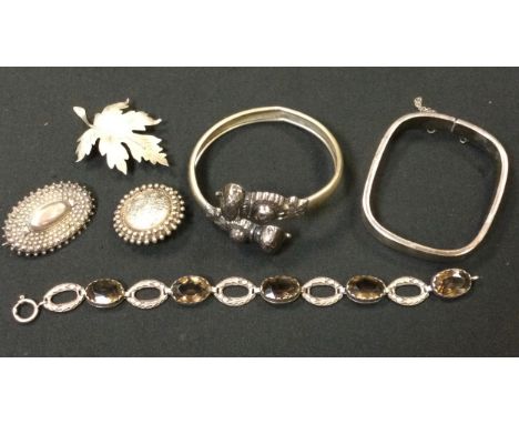 Jewellery - silver rounded square hinge bangle,  leaf and other brooches,  Scottish smoky quartz  silver mounted bracelet, et