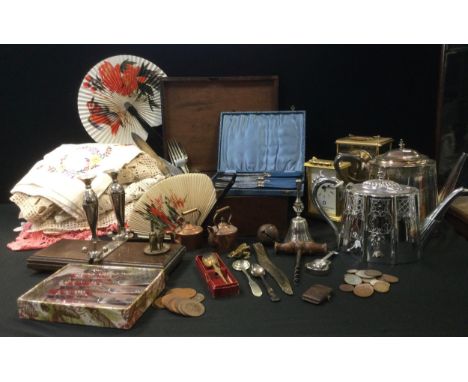 Boxes &amp; Objects - 19th century and later coins, silver plated tea pots, flatware, embroidered table cloths, clocks etc 