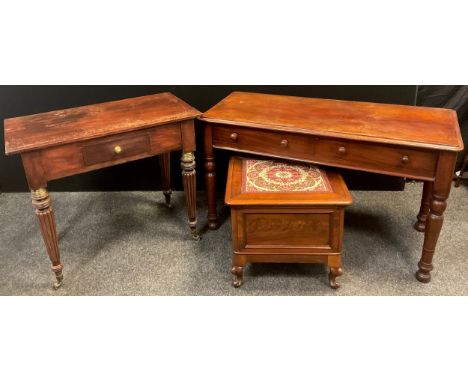 A Victorian mahogany console or hall table, over-sailing rounded rectangular top, pair of drawers to frieze, turned legs, 66.