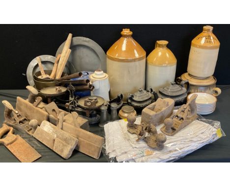 Boxes and Objects - Stoneware flagons, woodworking tools, cast iron lidded cooking pot, a Victorian three piece tea set, Denb